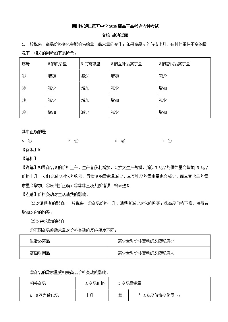 2019届四川省泸县第五中学高三高考适应性考试文综-政治试题（解析版）第1页