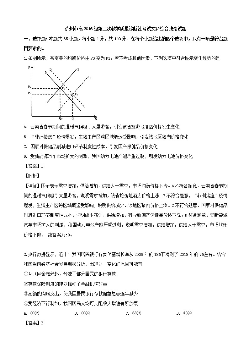 2019届四川省泸州市高三第二次教学质量诊断性考试文科综合政治试题（解析版）第1页