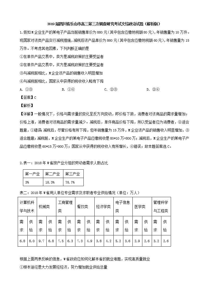 2019届四川省乐山市高三第三次调查研究考试文综政治试题（解析版）第1页