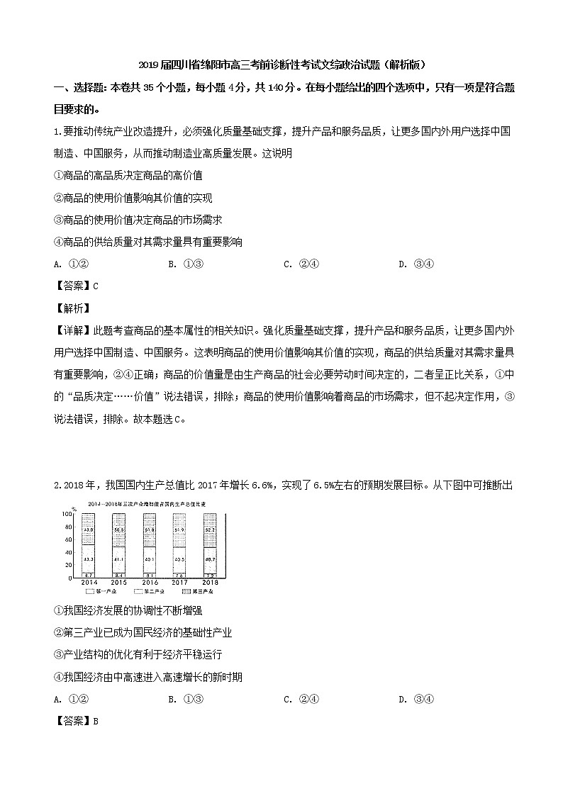 2019届四川省绵阳市高三考前诊断性考试文综政治试题（解析版）第1页