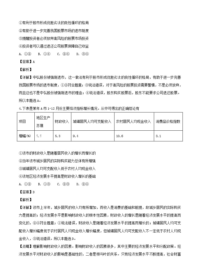 2019届四川省南充市高三上学期第一次高考适应性考试文综政治试题（解析版）第2页