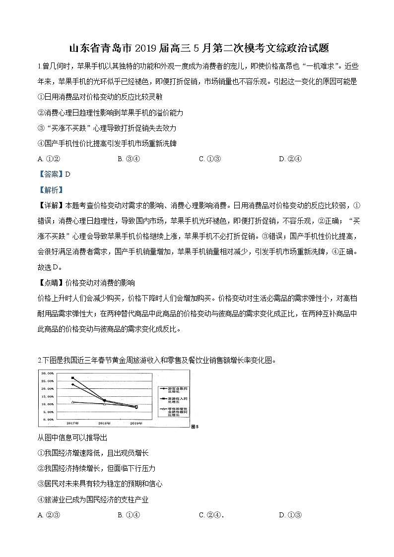 2019届山东省青岛市高三5月第二次模考文科综合政治试卷（解析版）01