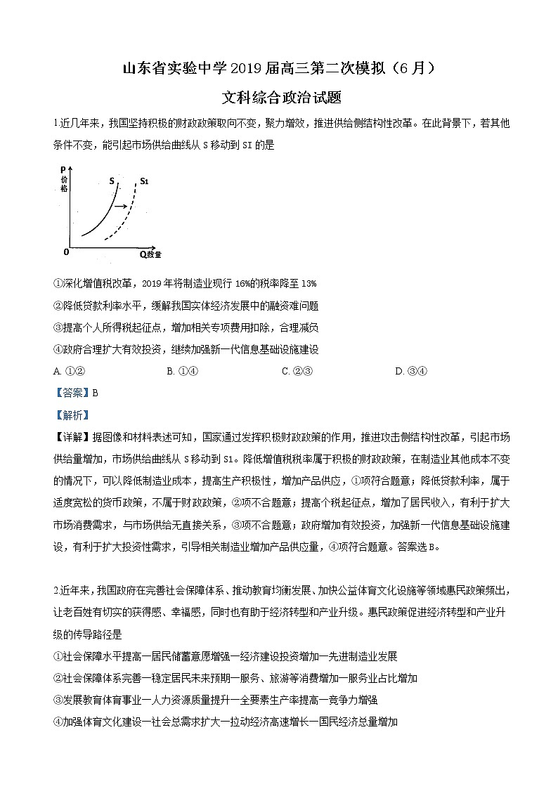 2019届山东省实验中学高三第二次模拟（6月）文科综合政治试卷（解析版）01