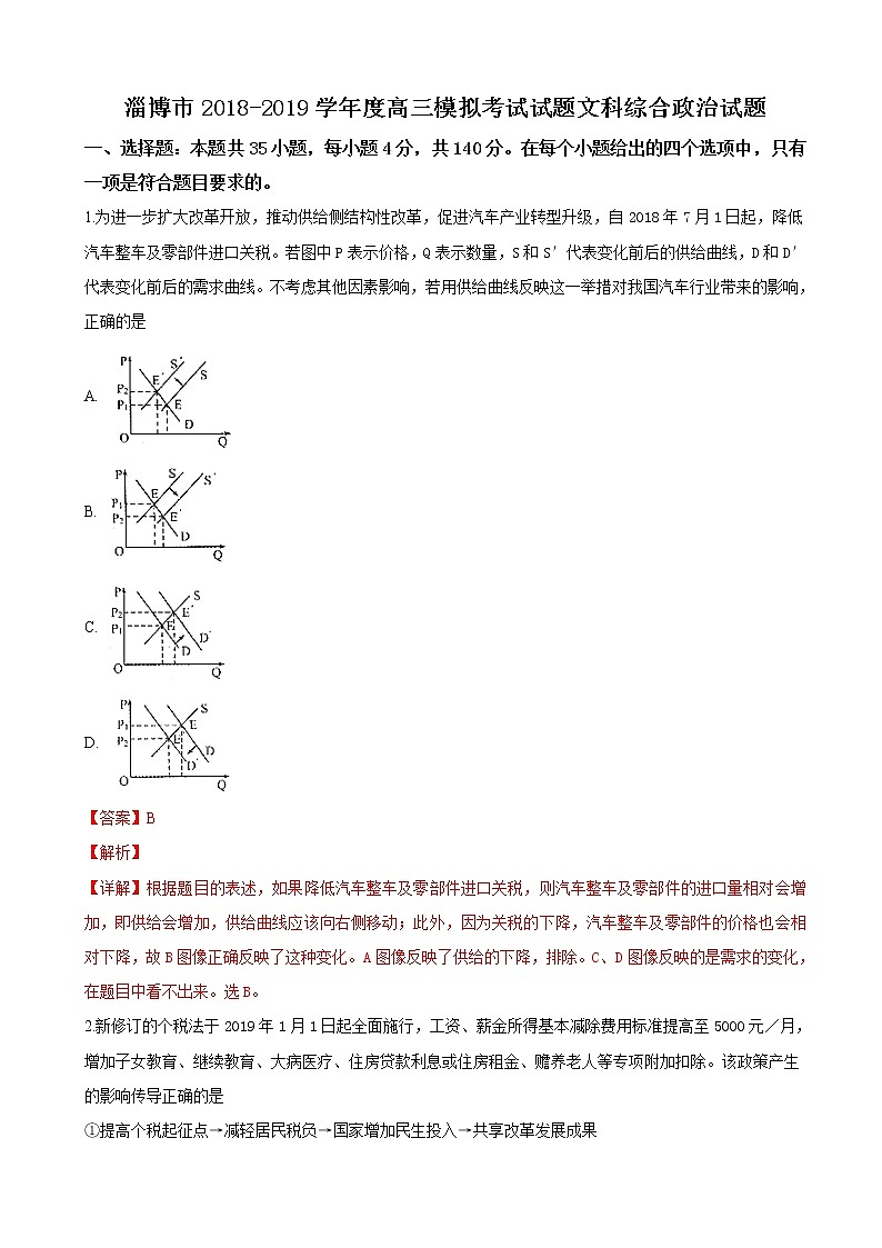 2019届山东省淄博市高三第一次模拟考试文科综合政治试卷（解析版）01