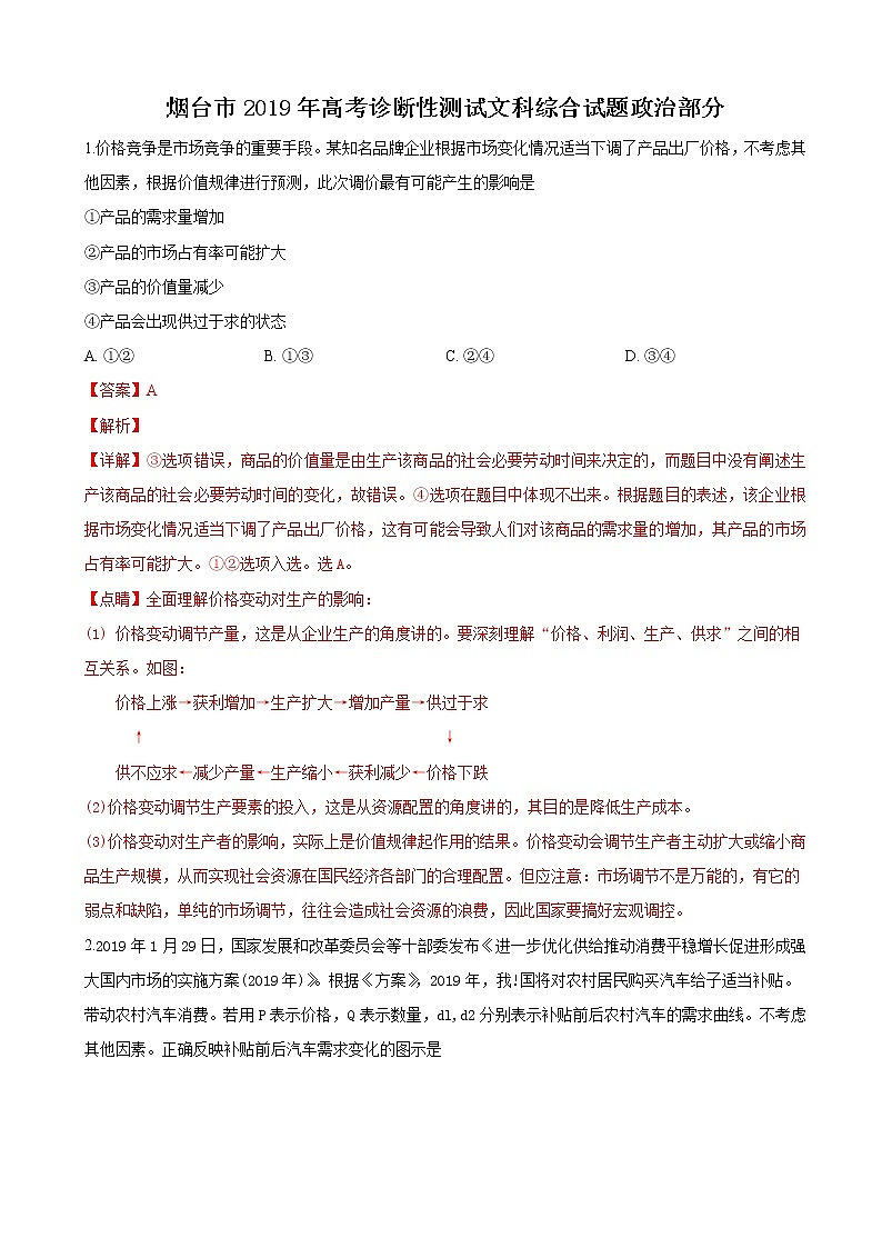 2019届山东省烟台市高三下学期第一次模拟考试文科综合政治试卷（解析版）01