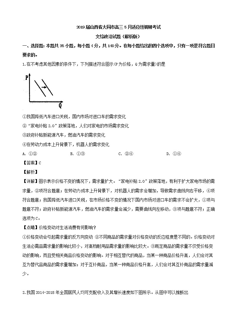 2019届山西省大同市高三5月适应性调研考试文综政治试题（解析版）01