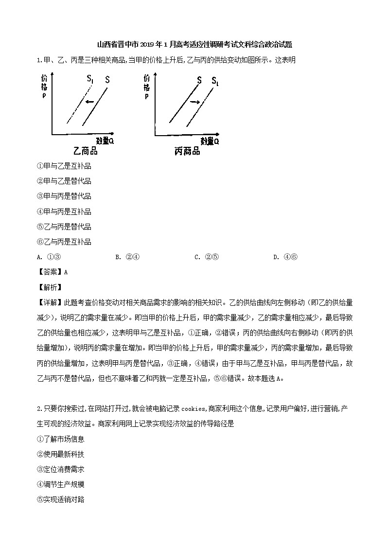 2019届山西省晋中市高三1月适应性调研考试文科综合政治试题（解析版）01