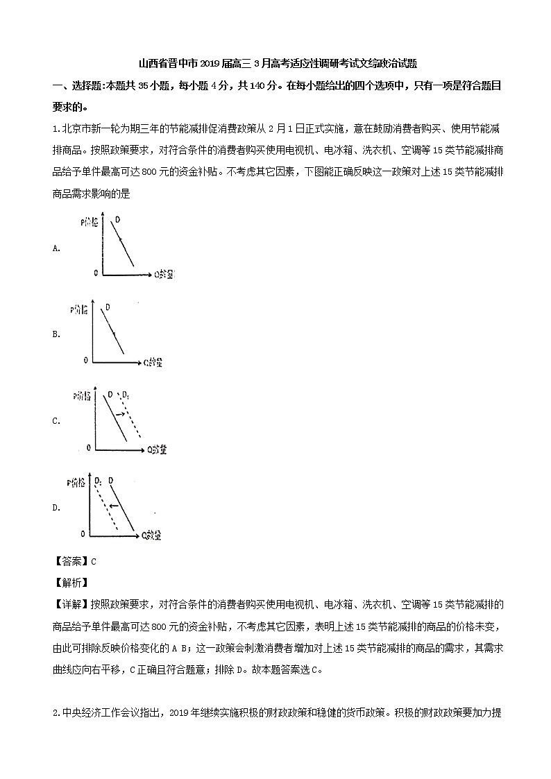 2019届山西省晋中市高三3月高考适应性调研考试文综政治试题（解析版）01