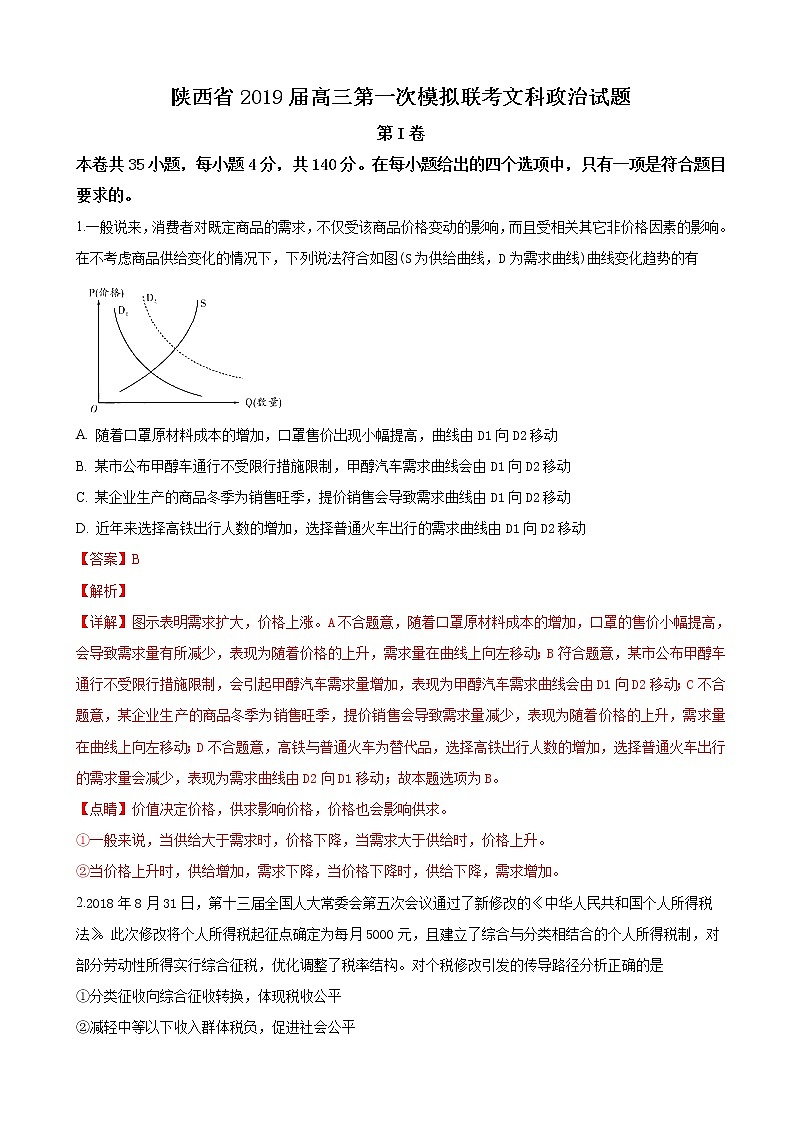 2019届陕西省高三第一次模拟联考文科综合政治试卷（解析版）01