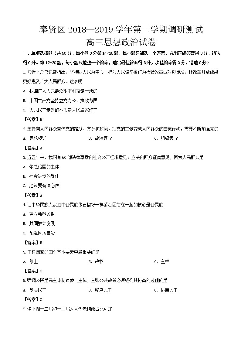 2019届上海市奉贤区高三下学期调研测试思想政治试题（word版）第1页