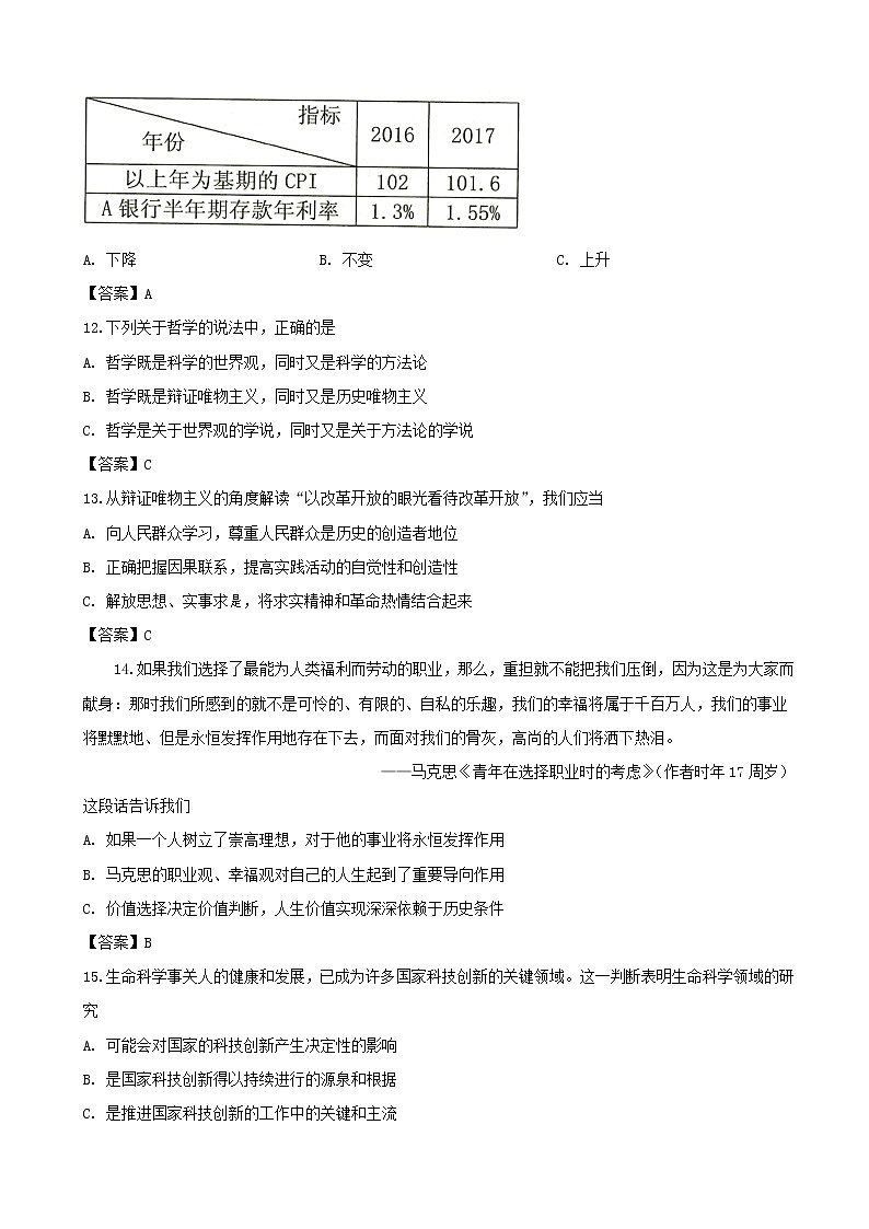 2019届上海市奉贤区高三下学期调研测试思想政治试题（word版）第3页