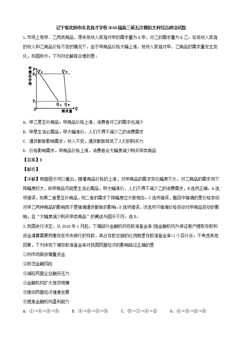 2019届辽宁省沈阳市东北育才学校高三下学期第五次模拟文科综合政治试题（解析版）01