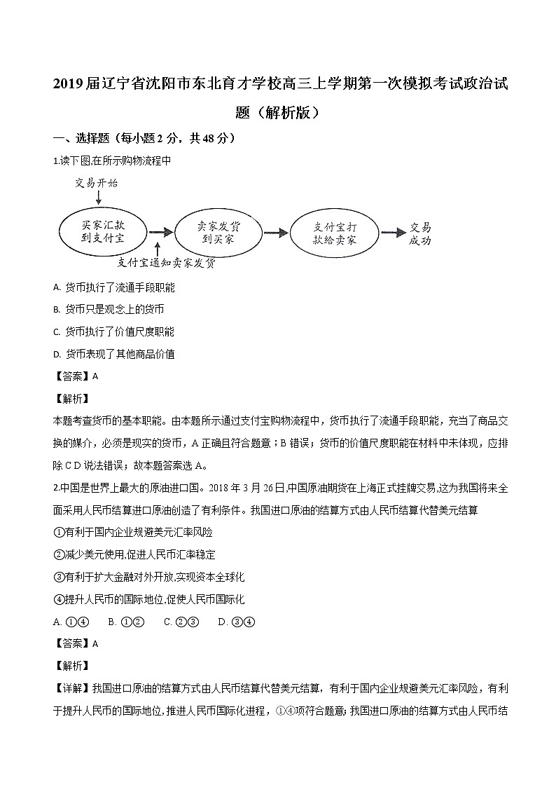 2019届辽宁省沈阳市东北育才学校高三上学期第一次模拟考试政治试题（解析版）01