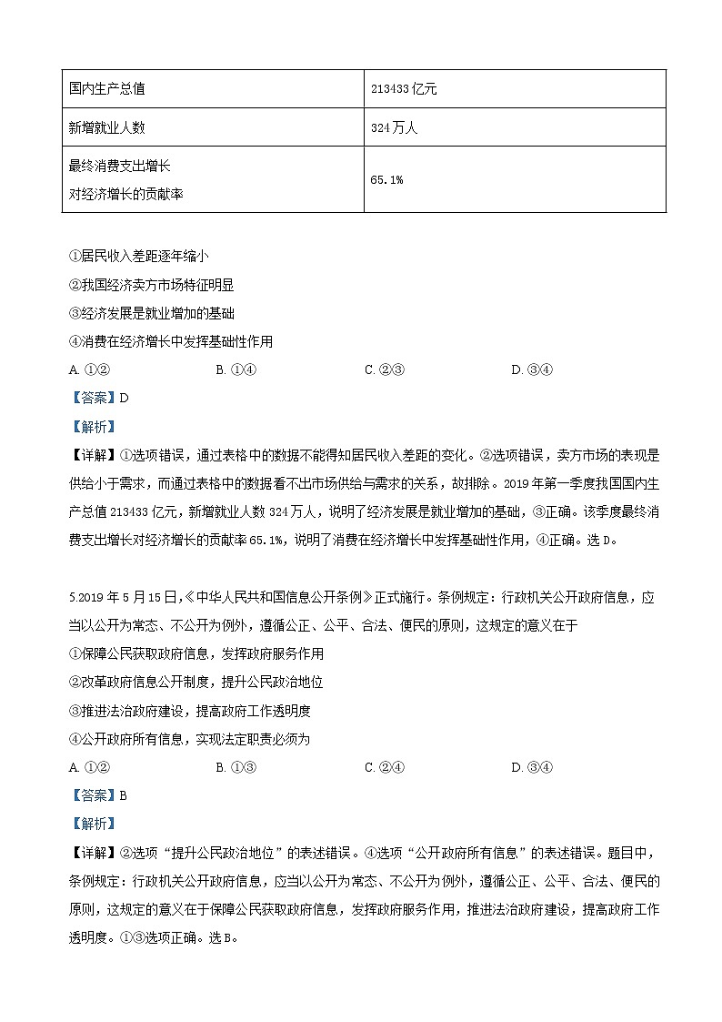 2019届山东省聊城市高三下学期三模文科综合政治试卷（解析版）第3页
