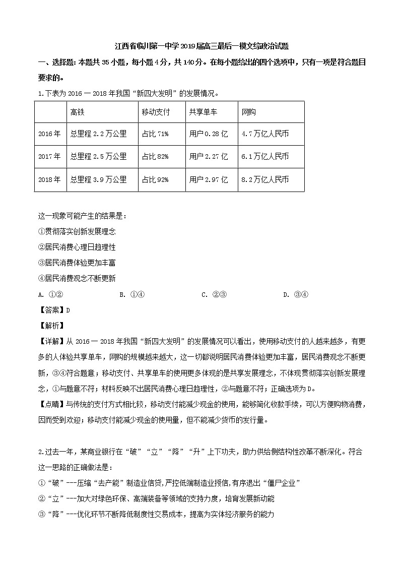 2019届江西省临川第一中学高三最后一模文综政治试题（解析版）01