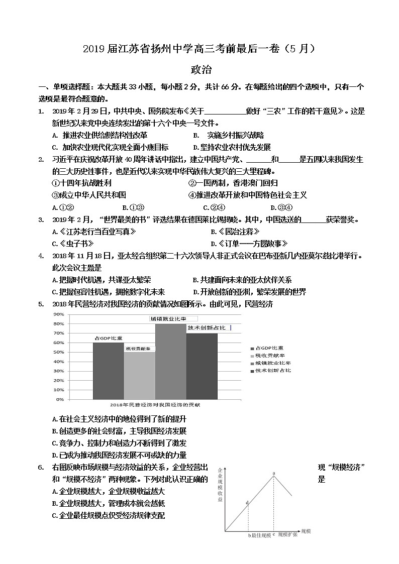 2019届江苏省扬州中学高三考前最后一卷（5月） 政治（word版）01