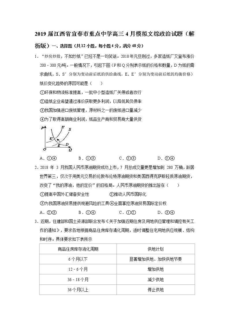 2019届江西省宜春市重点中学高三4月模拟文综政治试题（解析版）01