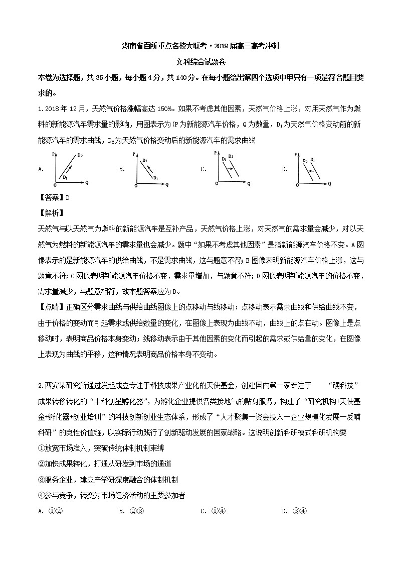 2019届湖南省百所重点名校大联考高三高考冲刺文科综合政治试题（解析版）01