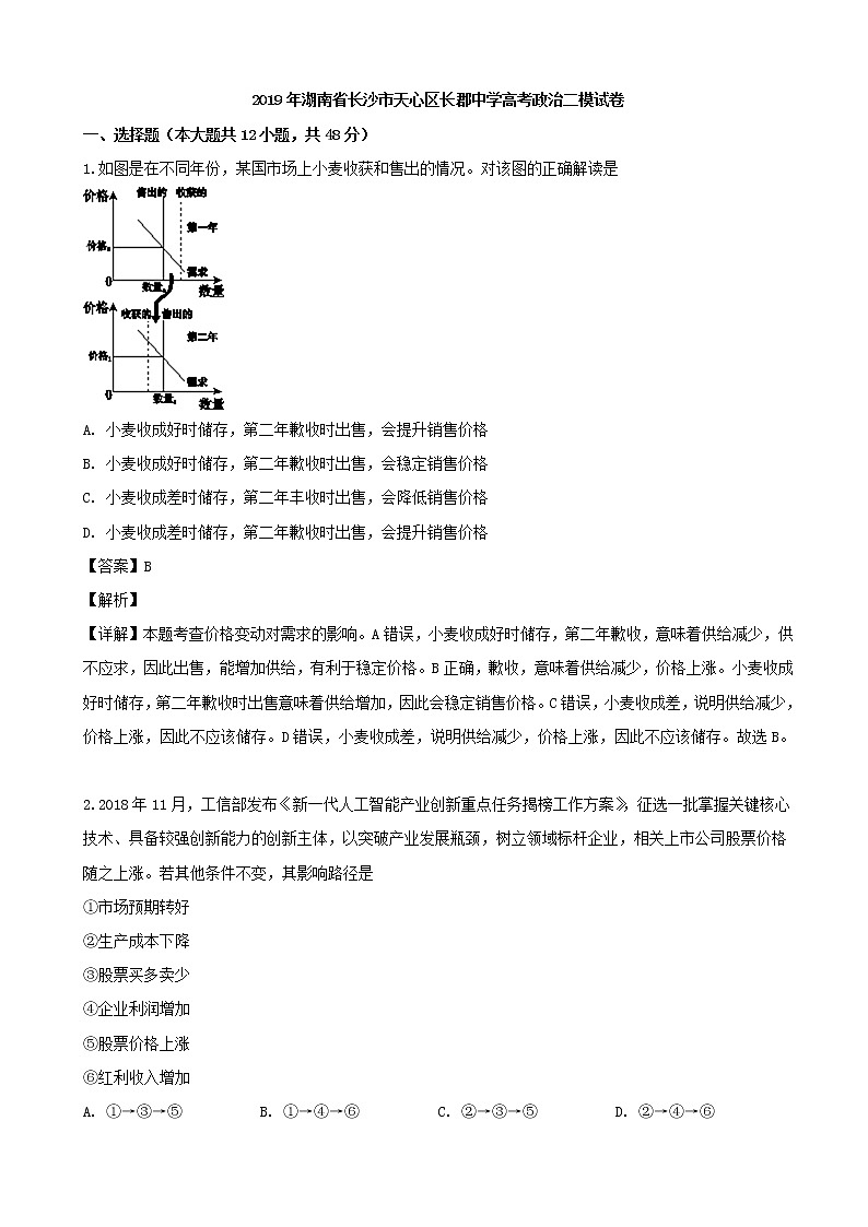 2019届湖南省长郡中学高三下学期第二次模拟考试文科综合政治试题（解析版）01