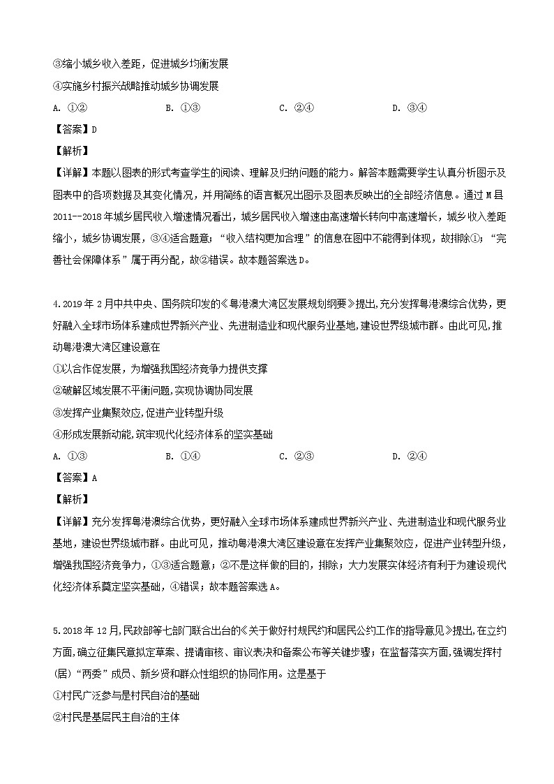 2019届广东省高三普通高等学校招生全国统一考试文科综合模拟（一）政治试题（解析版）03