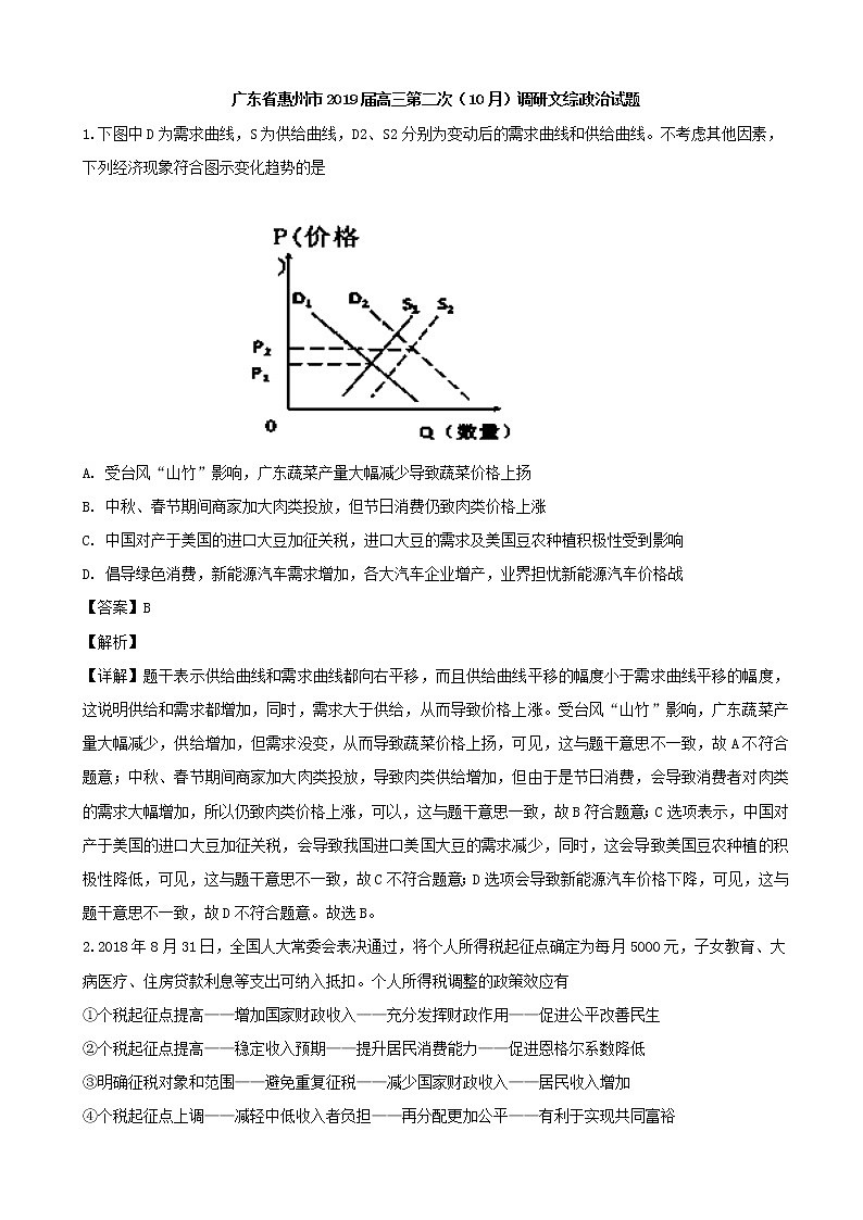 2019届广东省惠州市高三上学期第二次（10月）调研文综政治试题（解析版）01