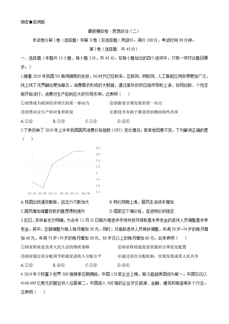 2020届山东省新高考高三最新模拟卷二政治试题01