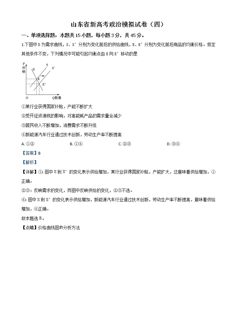 2020届山东新高考政治学业水平等级考试模拟试题（四）带解析01