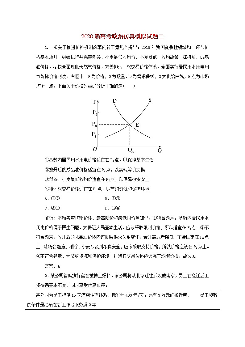 2020新高考政治仿真模拟试题二（解析版）第1页
