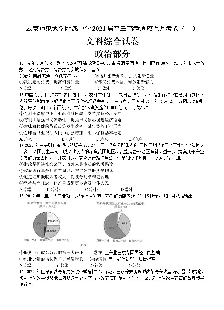 云南师范大学附属中学2021届高三高考适应性月考卷（一）文科综合政治（含答案）第1页