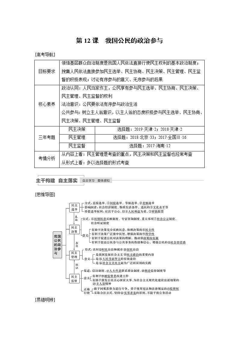 2021年高考政治一轮复习（新高考版）必修2 第05单元 第12课　我国公民的政治参与 教案01