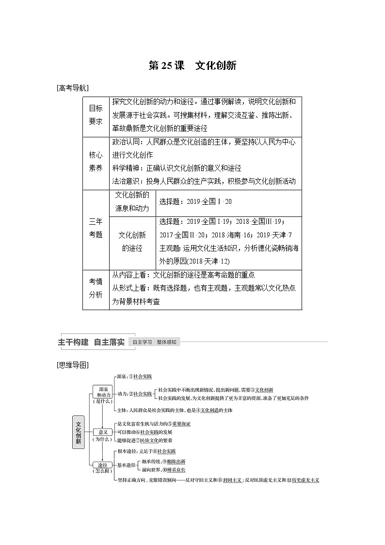 2021年高考政治一轮复习（新高考版）必修3 第09单元 第25课　文化创新 教案01