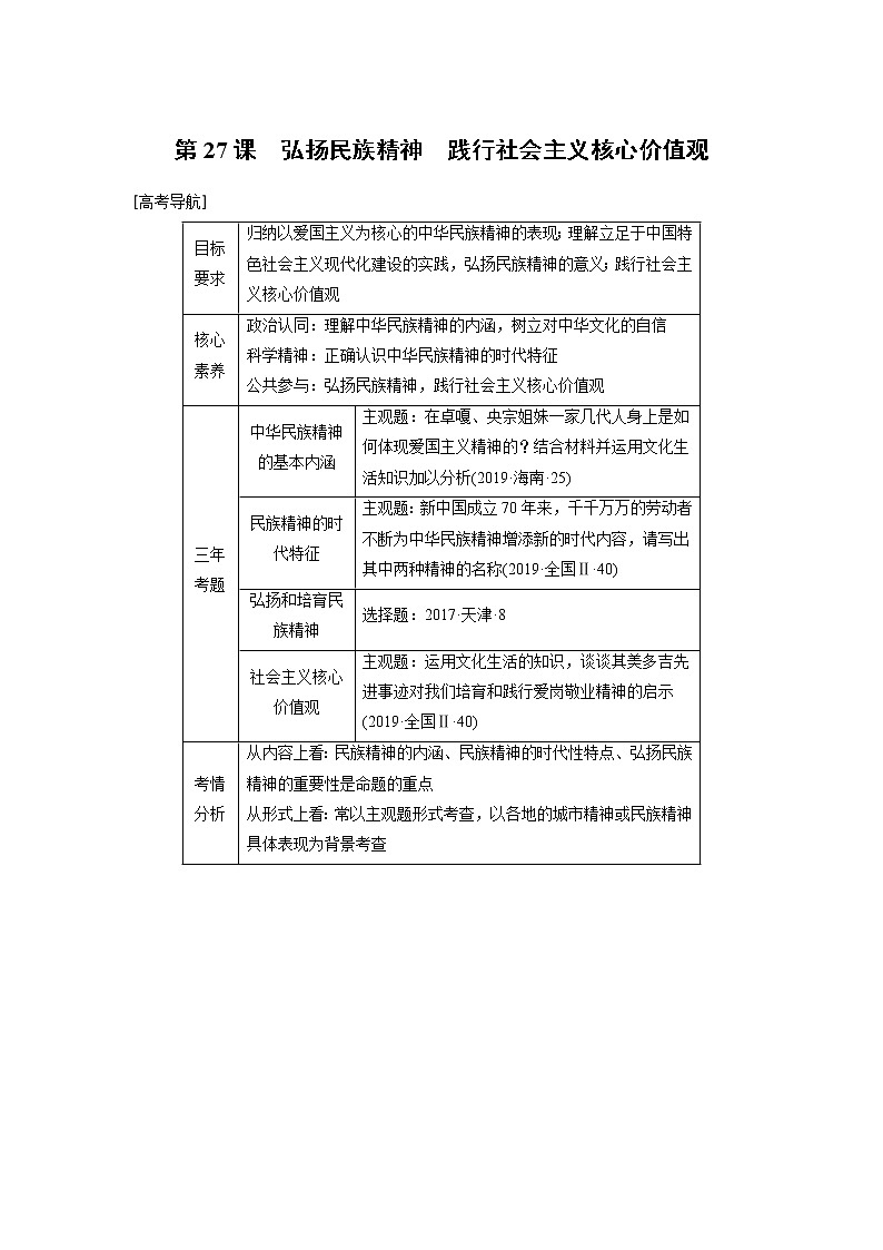 2021年高考政治一轮复习（新高考版）必修3 第10单元 第27课　弘扬民族精神　践行社会主义核心价值观第1页