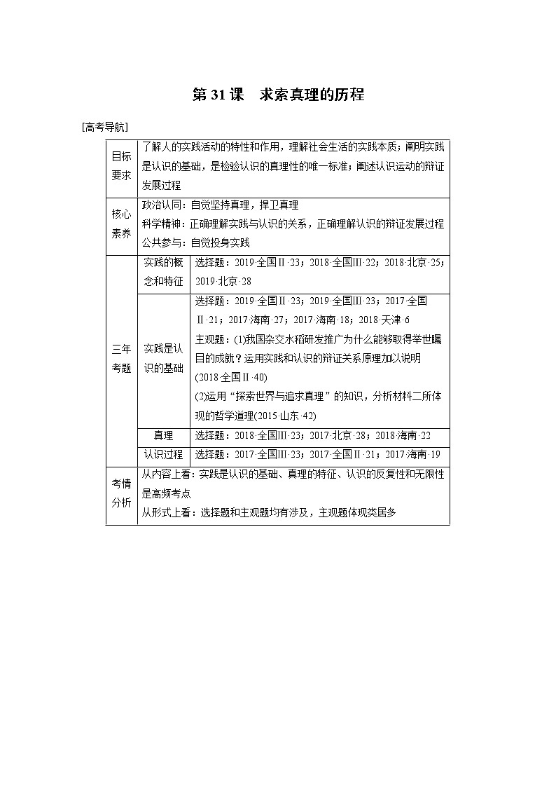 2021年高考政治一轮复习（新高考版）必修4 第11单元 第31讲　求索真理的历程 教案01
