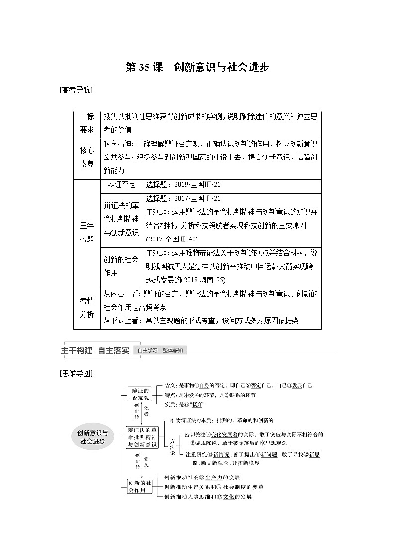 2021年高考政治一轮复习（新高考版）必修4 第12单元 第35讲　创新意识与社会进步 教案01