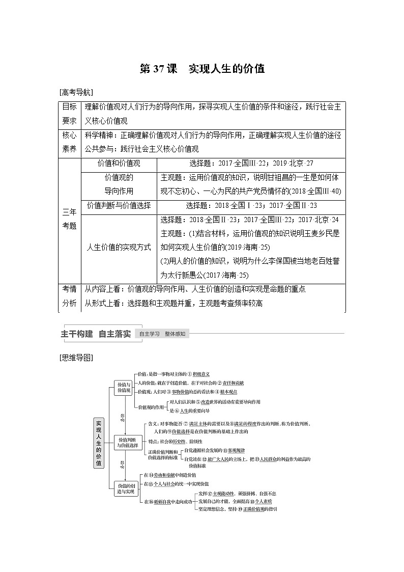 2021年高考政治一轮复习（新高考版）必修4 第13单元 第37讲　实现人生的价值 教案01