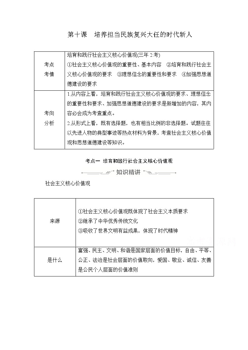 2021高三全国统考政治一轮教师用书（经典版）：第三部分第四单元第十课培养担当民族复兴大任的时代新人01