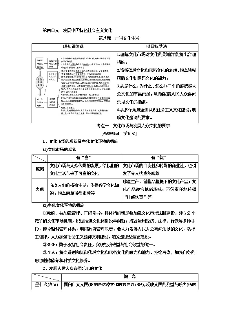 2020版高考一轮复习政治江苏专版讲义：必修3第四单元第八课　走进文化生活第1页