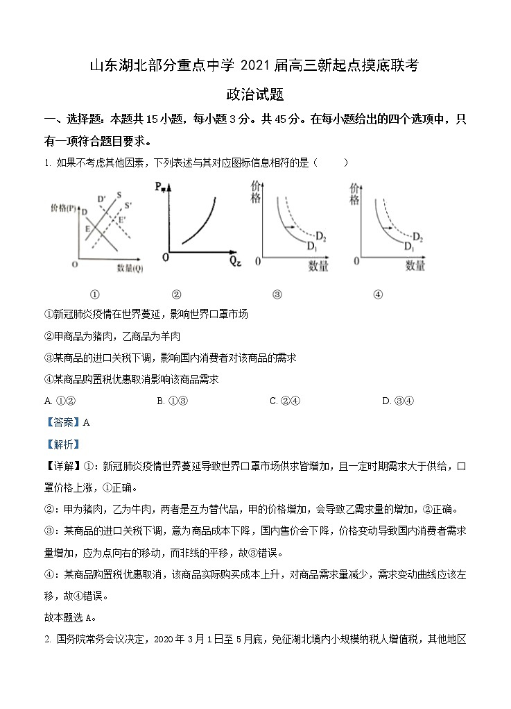 山东湖北部分重点中学2021届高三新起点摸底联考 政治（含答案） 试卷01