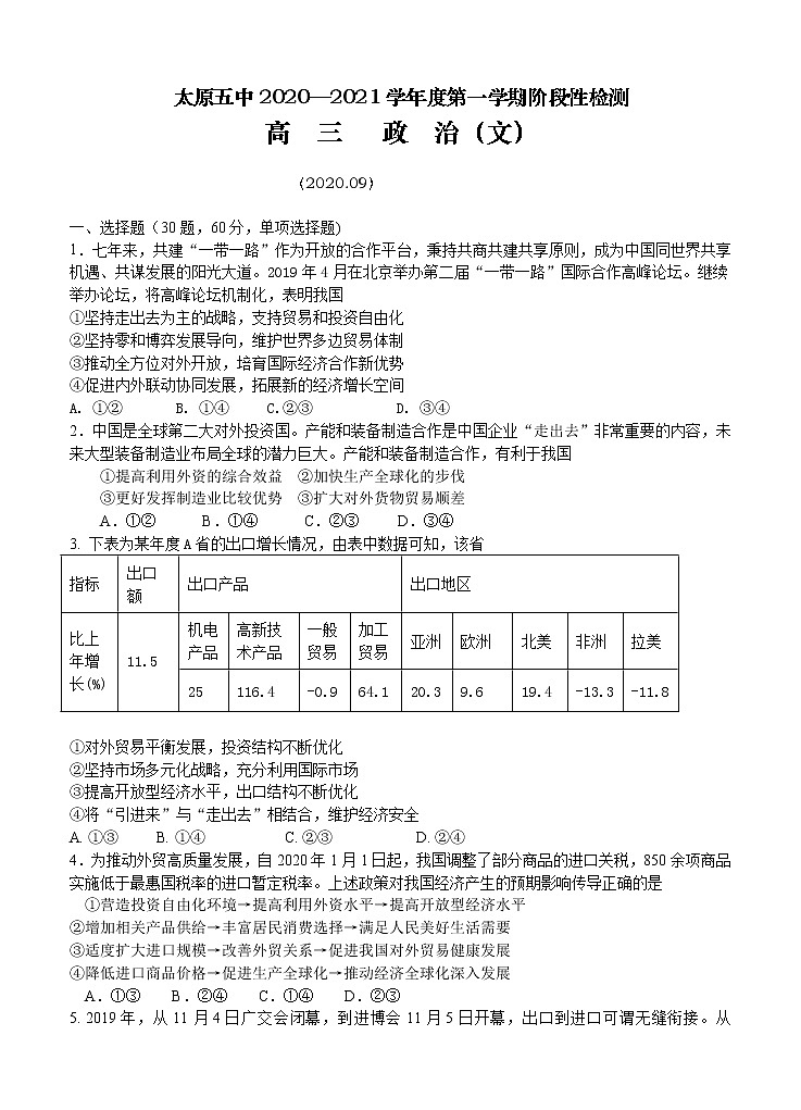 山西省太原市第五中学2021届高三上学期9月阶段性考试 政治（含答案）第1页