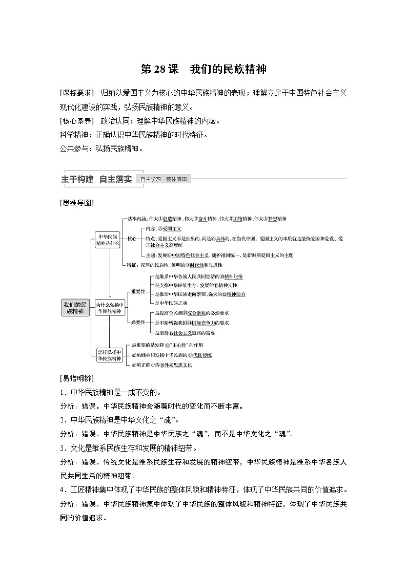 2021高考政治一轮复习 必修3 第11单元 第28课　我们的民族精神 教案01