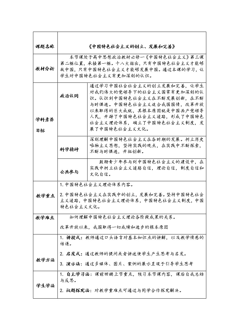 3.2中国特色社会主义的创立、发展和完善 教学设计01