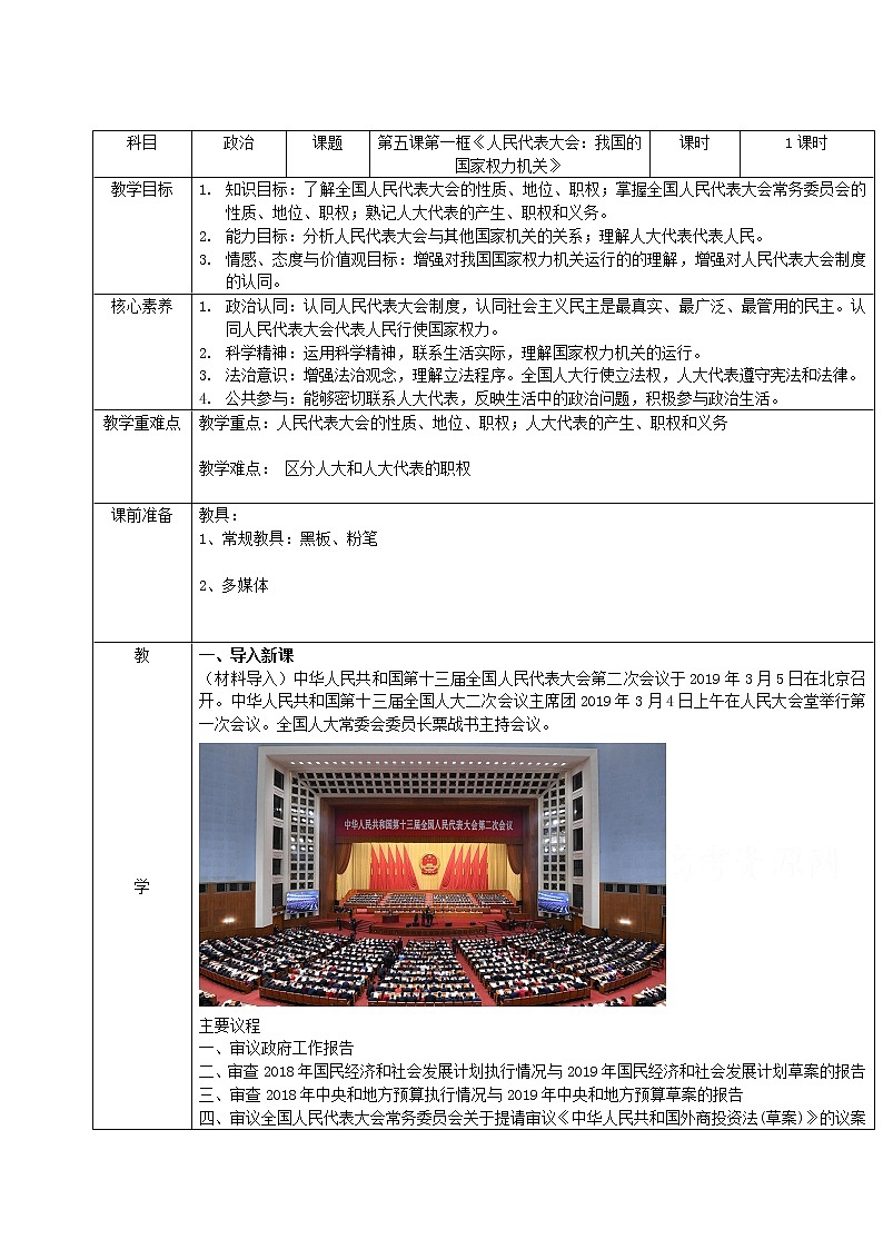 5.1人民代表大会：我国的国家权力机关  教学设计01