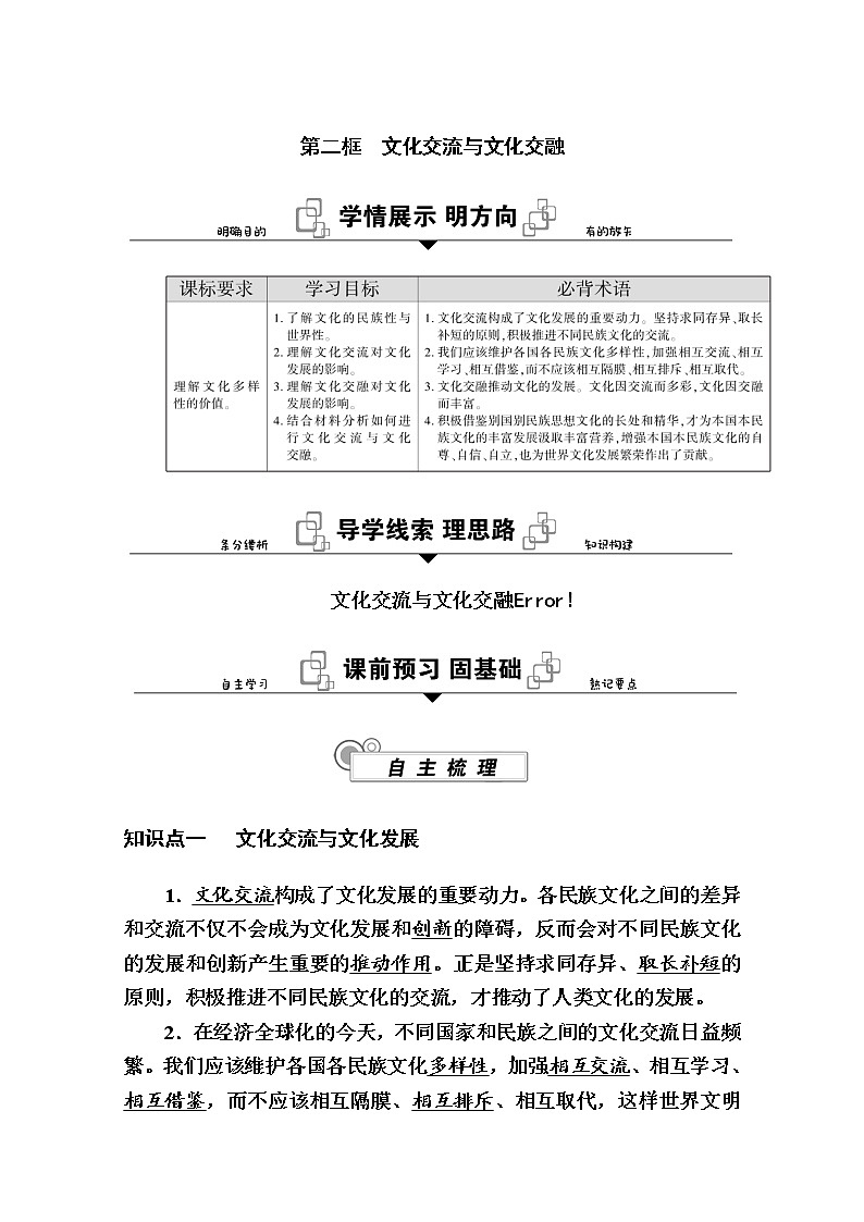 新教材2020-2021学年政治部编版（2019）必修4学案：第三单元 第八课 第二框　文化交流与文化交融 Word版含解析01
