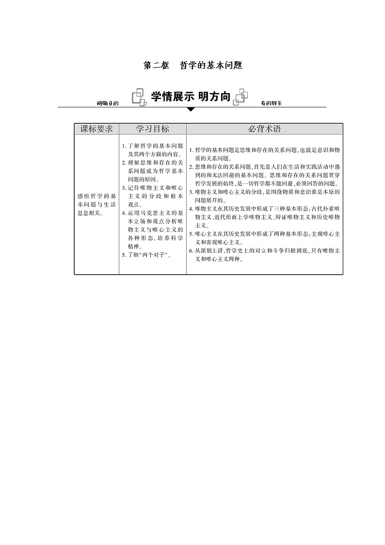 新教材2020-2021学年政治部编版（2019）学案：第一单元 第一课 第二框　哲学的基本问题 Word版含解析01