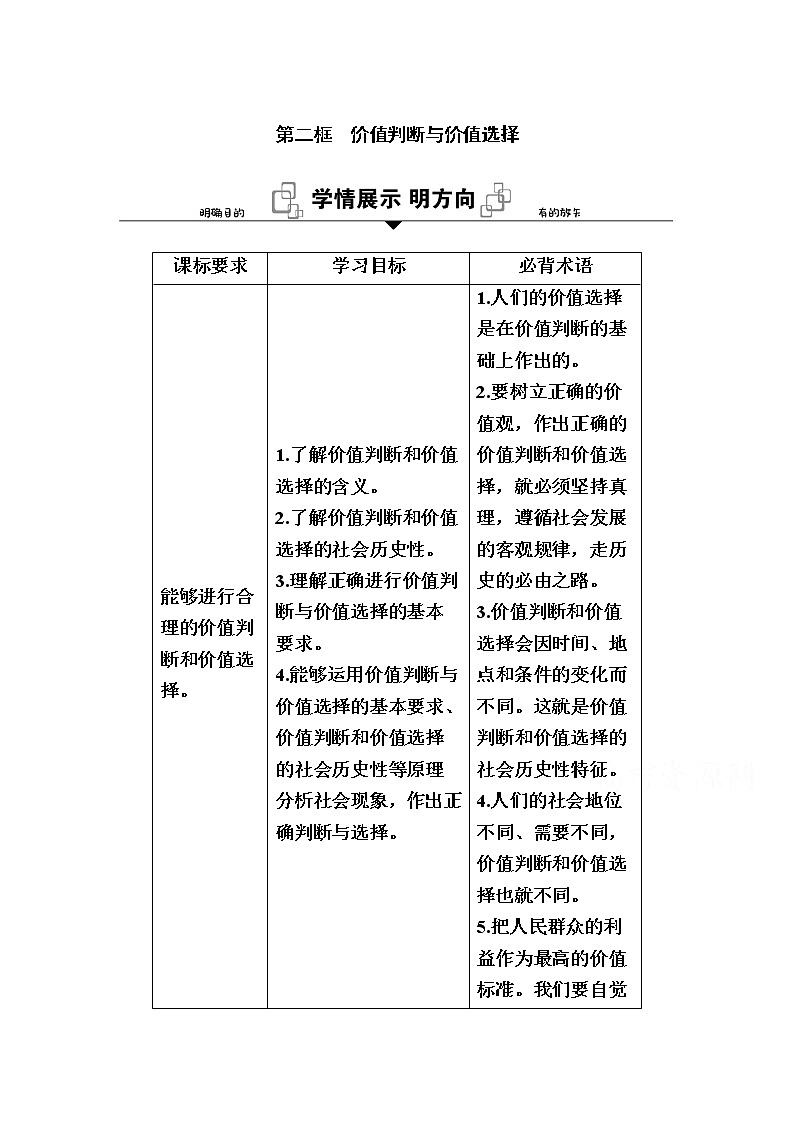 新教材2020-2021学年政治部编版（2019）必修4学案：第二单元 第六课 第二框　价值判断与价值选择 Word版含解析01