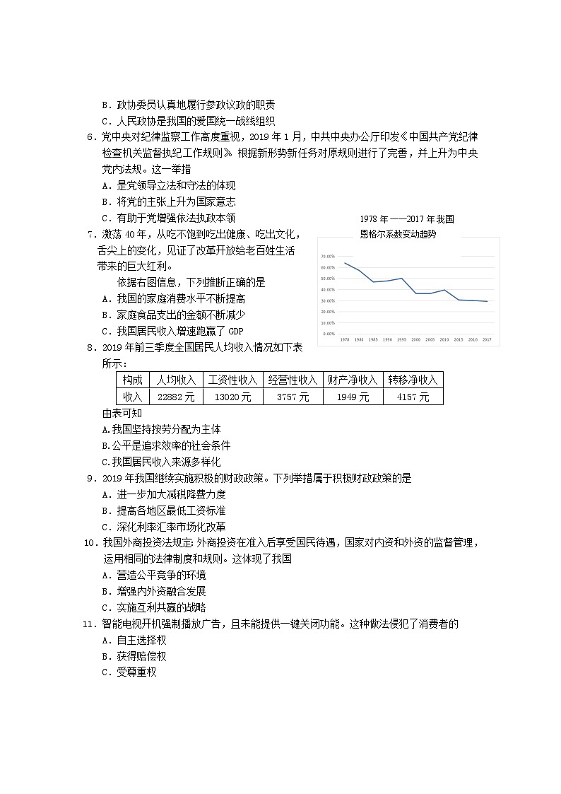 2019-2020上海市松江区高三政治上学期期末试卷（下载版）第2页