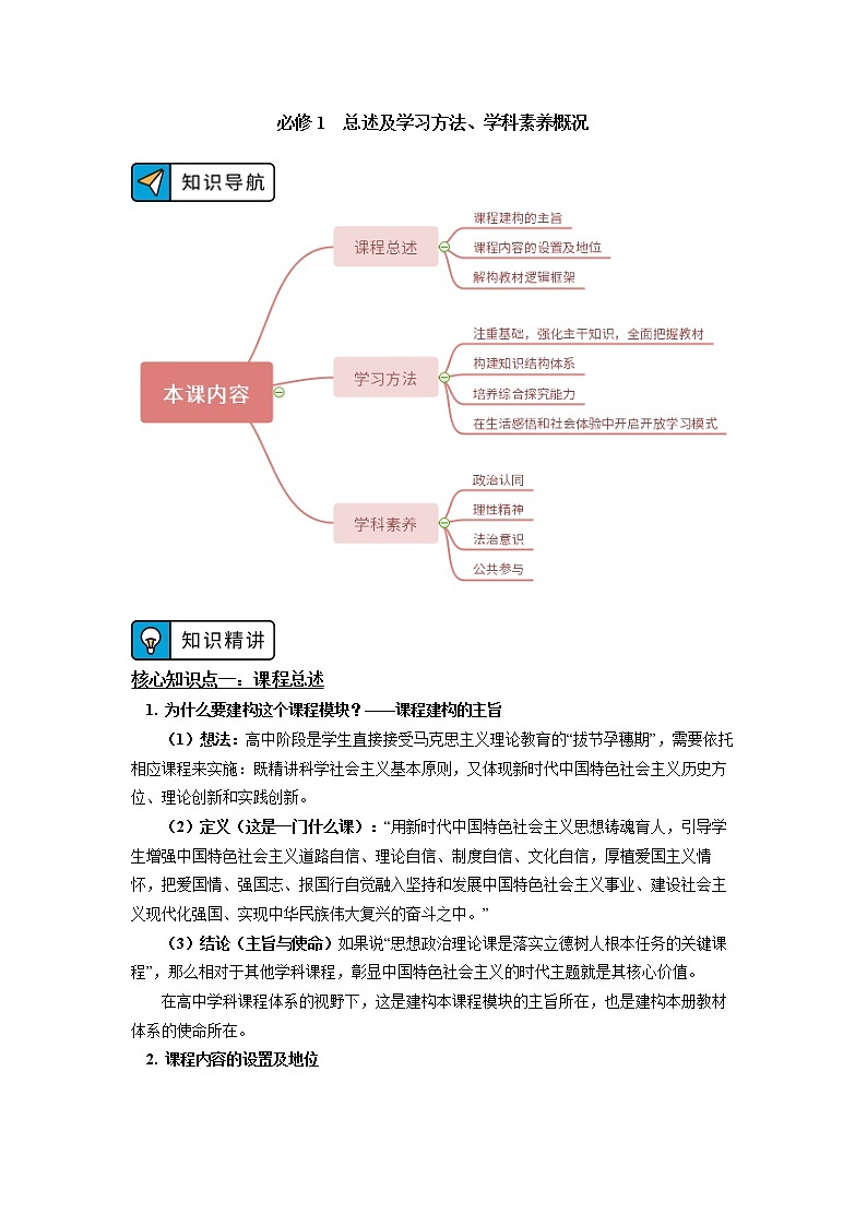 人教统编版 高中政治必修1总述及学习方法、学科素养概况 学案01