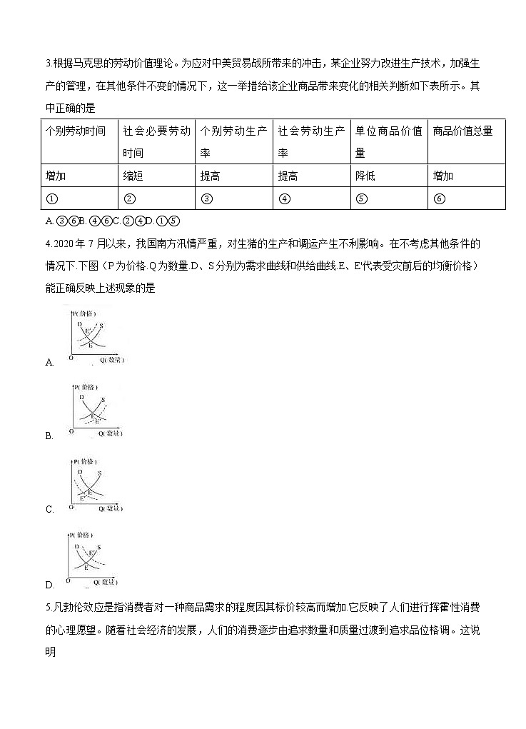 安徽省皖江名校联盟2021届高三上学期第三次联考（11月）政治 (含答案) 试卷02