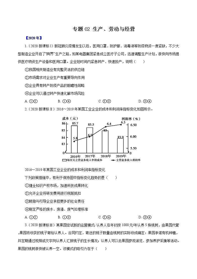 高考政治（2011~2020）真题专项练习   专题02  生产、劳动与经营（原卷版）01