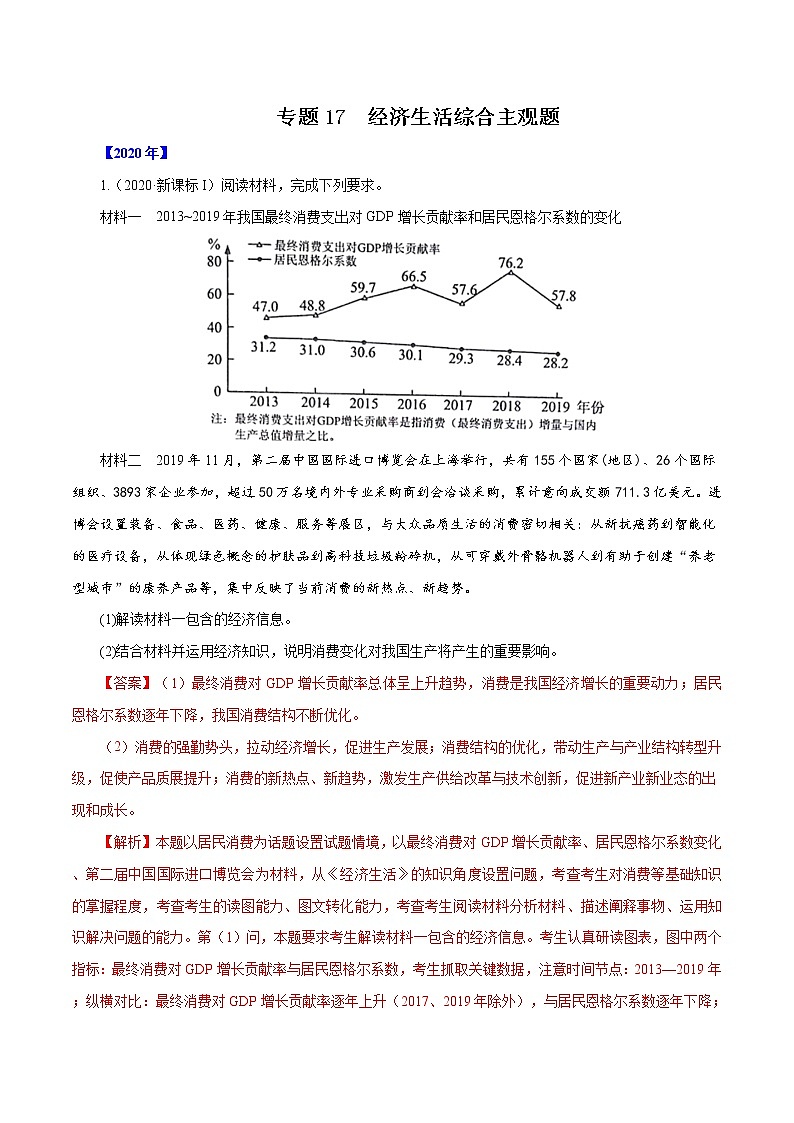 高考政治（2011~2020）真题专项练习   专题17  经济生活综合主观题（解析版）01